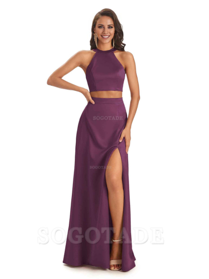 Soft Satin Two-Pieces Halter Side Slit Sexy Fashion Bridesmaid Dresses Charming Evening Party Dress