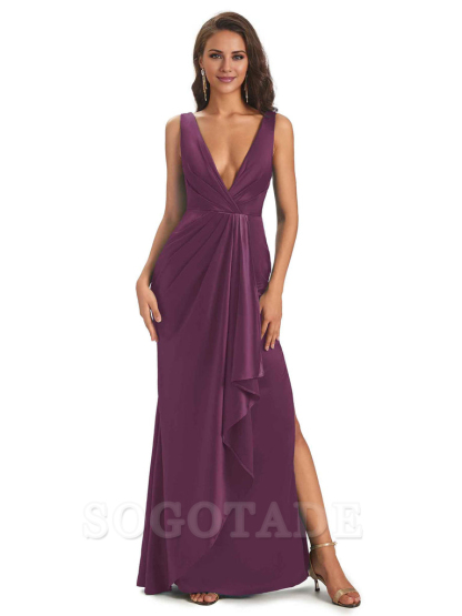 Sexy Satin V-Neck Floor-Length Long Bridesmaid Dresses with Side Slit Elegant Evening Party Dress