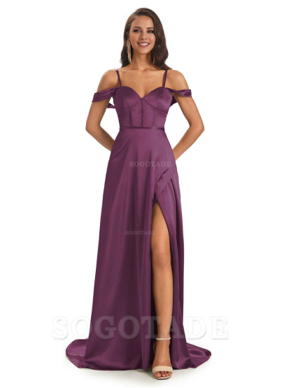 Stylish Soft Satin Side Slit Spaghetti Straps Bridesmaid Dresses Elegant Evening Party Dress