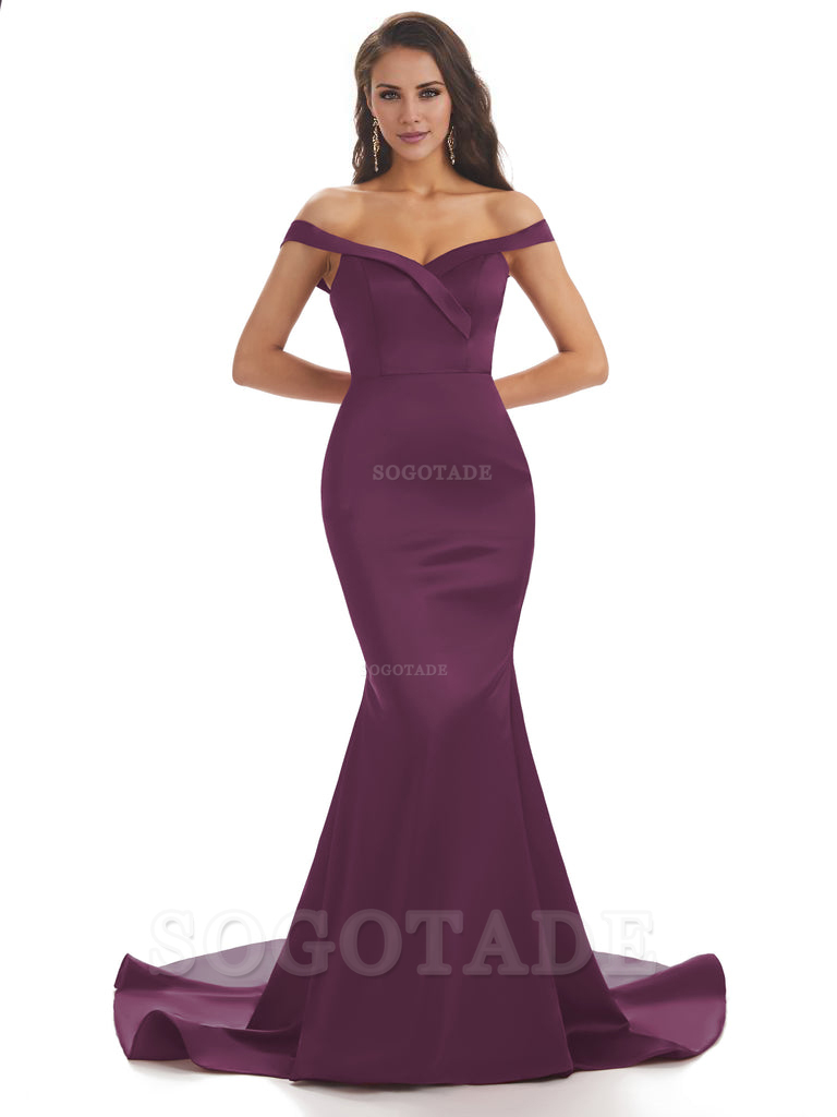Elegant Off The Shoulder Soft Satin Mermaid Long Bridesmaid Dresses Charming Evening Party Dress