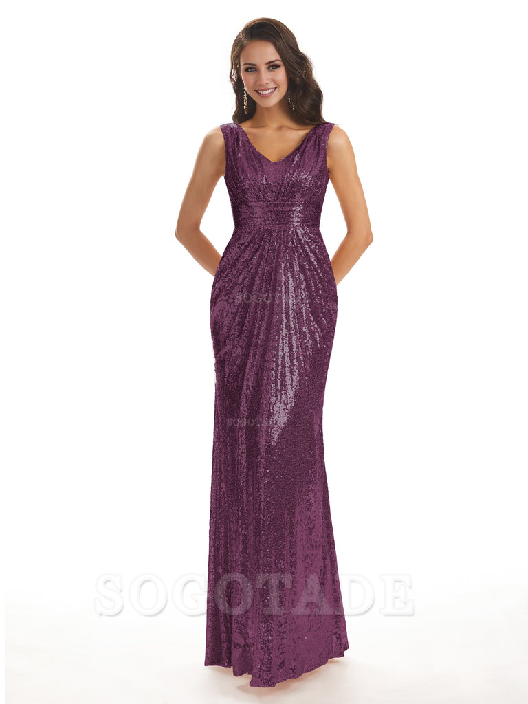 Sparkly V-Neck Sequin Long Mermaid Bridesmaid Dresses Sleeveless Charming Evening Party Dress
