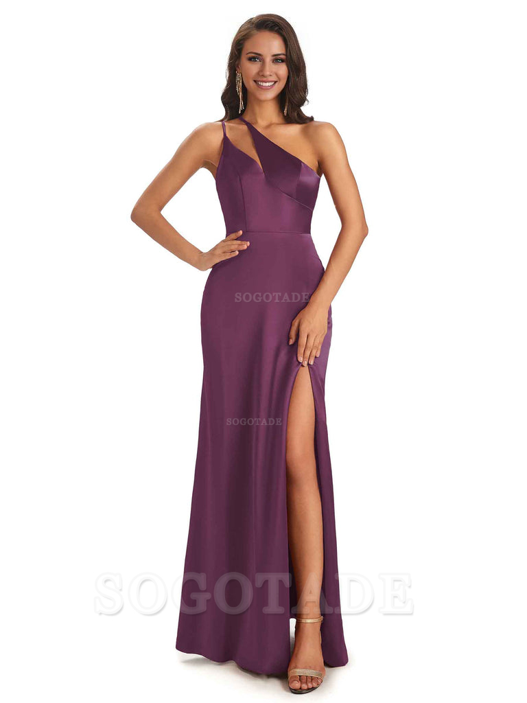 Sexy Soft Satin Side Slit One Shoulder Floor-Length Mermaid Long Bridesmaid Dresses Elegant Evening Party Dress