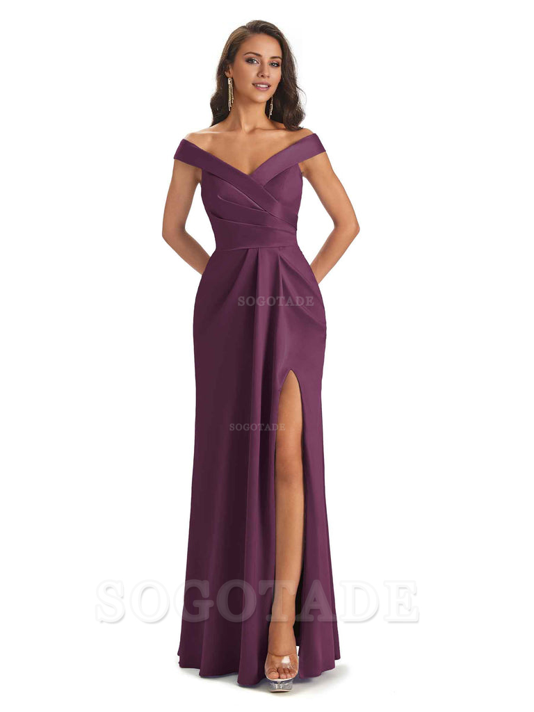 Sexy Soft Side Slit Off Shoulder V-Neck Long Satin Ladies Bridesmaid Dresses Elegant Evening Party Dress