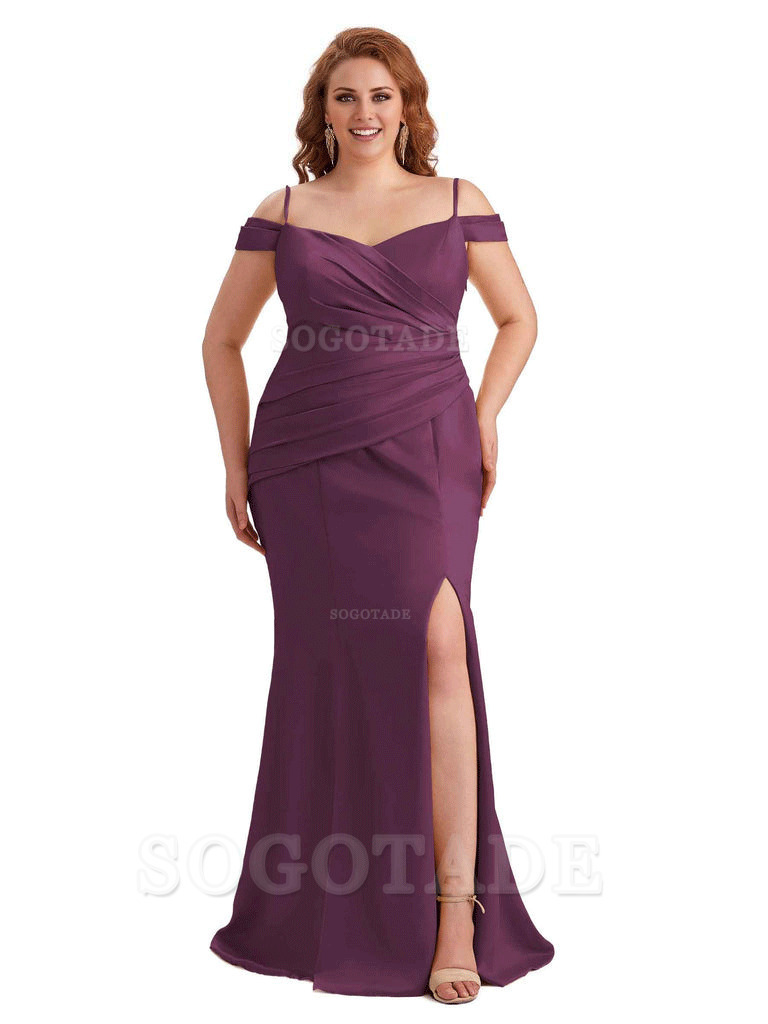Elegant Cold Shoulder Side Slit Mermaid Soft Satin Long Plus Size Bridesmaid Gowns