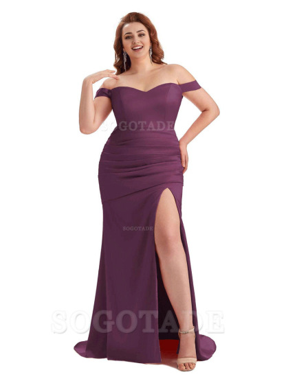 Sexy Mermaid Off The Shoulder Side Slit Soft Satin Long Plus Size Wedding Party Dresses