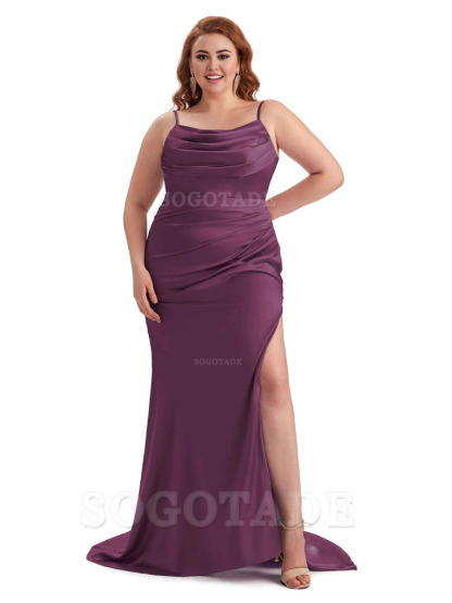 Sexy Jewel Side Slit Mermaid Soft Satin Long Plus Size Bridesmaid Dress For Wedding