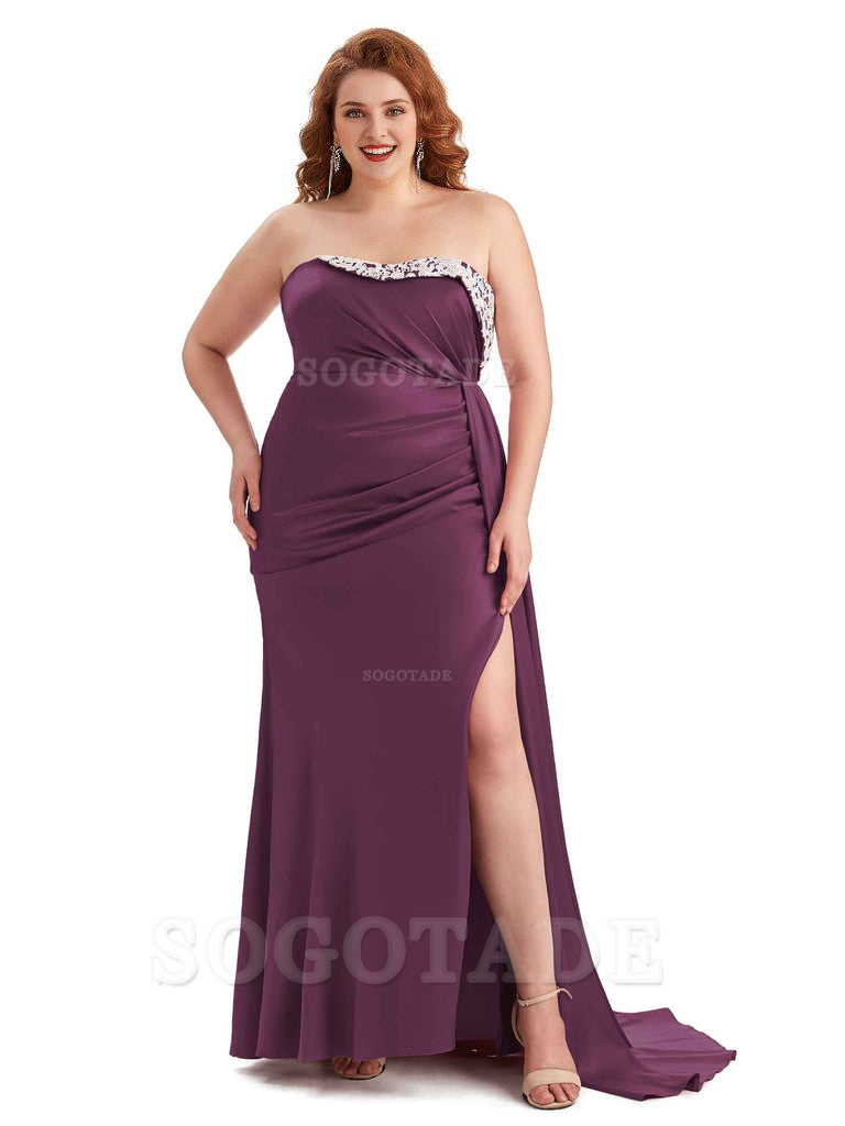 Sexy Side Slit Strapless Mermaid Lace Soft Satin Long Plus Size Maid of Honor Dresses