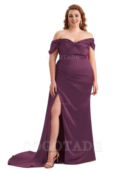  Sexy Side Slit Off The Shoulder Mermaid Soft Satin Long Plus Size Bridesmaid Dress For Wedding