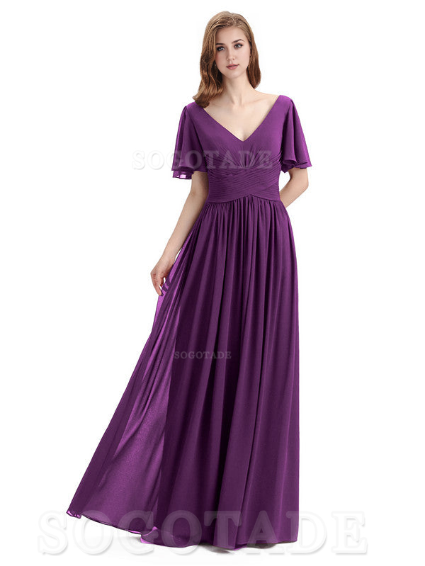 A-Line Chiffon Short Sleeves Elegant Floor-Length Bridesmaid Dresses Formal Women's Dresses Wedding Guests Dresses