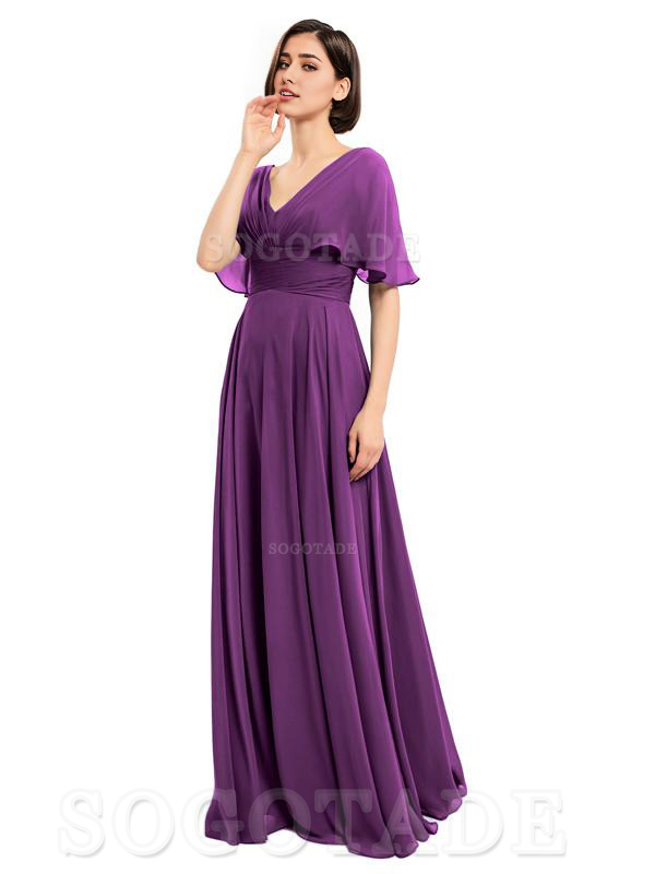  V-Neck Cap Sleeves Sleeves Chiffon Long Elegant Bridesmaid Dresses Formal Wear Dresses