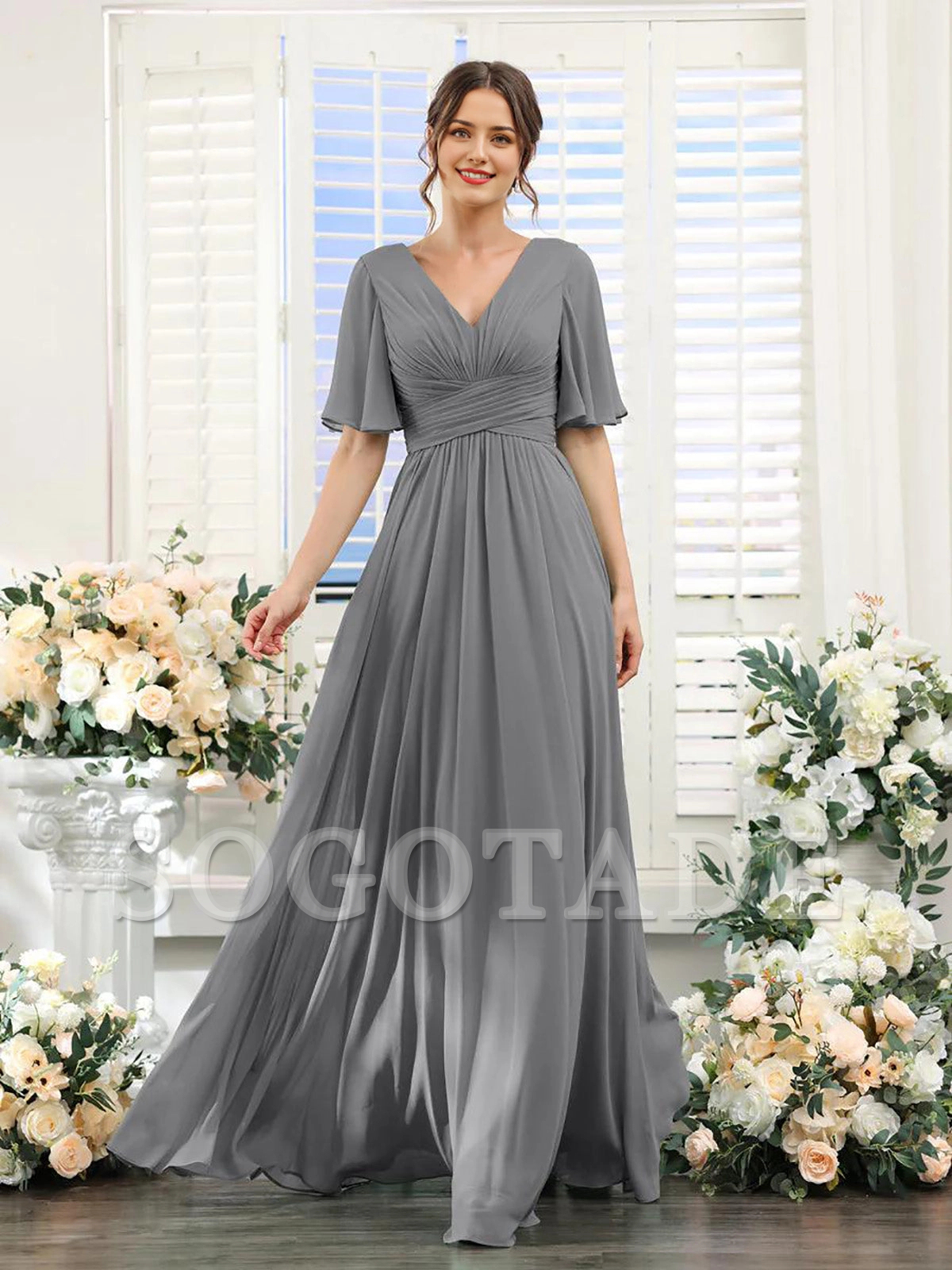 A-shaped V-shaped leader bridesmaid dress, suitable for wedding guests, long chiffon formal slit party dress