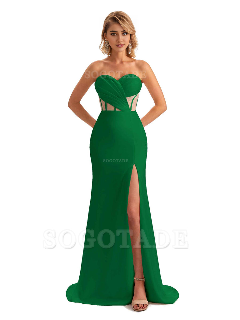 Sexy Sweetheart Strapless Side Slit Mermaid Soft Satin Unique Long Bridesmaid Dress For Wedding