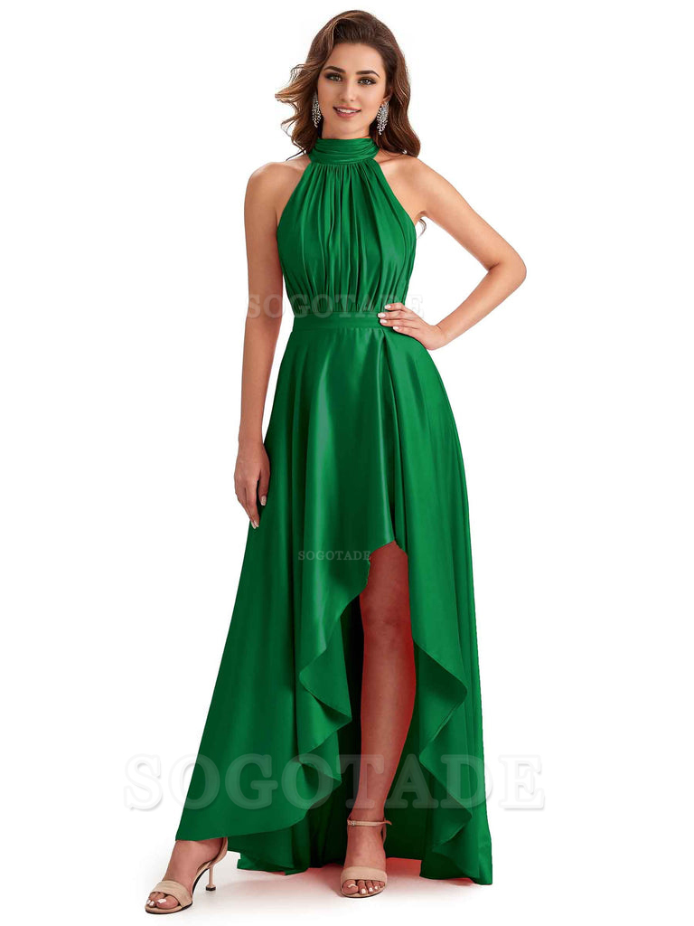 Soft Satin High Neck High Low A-Line Unique Bridesmaid Dresses Online