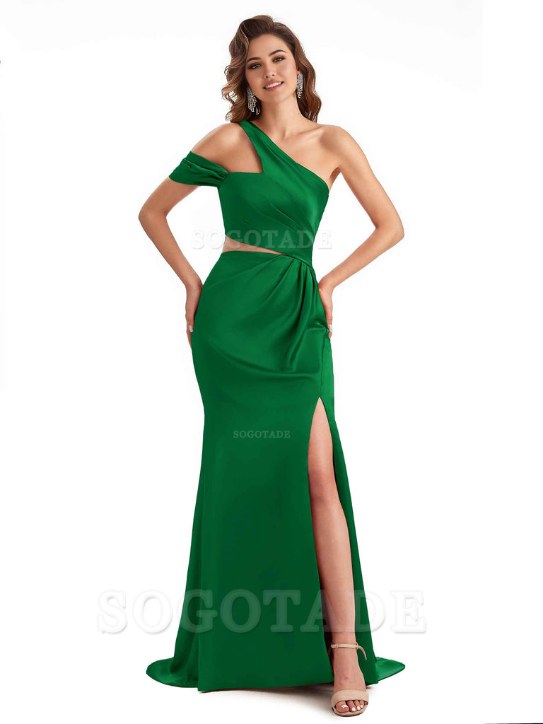 Sexy Side Slit Mermaid Soft Satin One Shoulder Long Unique Bridesmaid Dresses