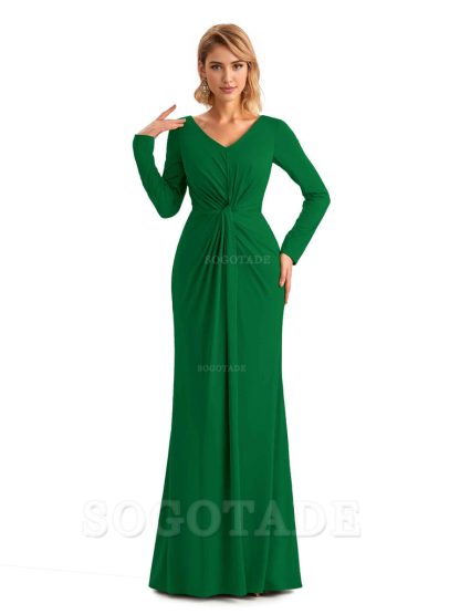 Elegant Simple Mermaid Pleats V-neck Long-Sleeves Floor Length Long Formal Bridesmaid Dresses