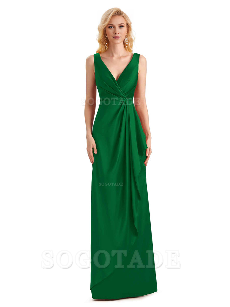 V Neck Elegant Soft Satin Formal Long Maid Bridesmaid Dresses Formal Wear Dresses