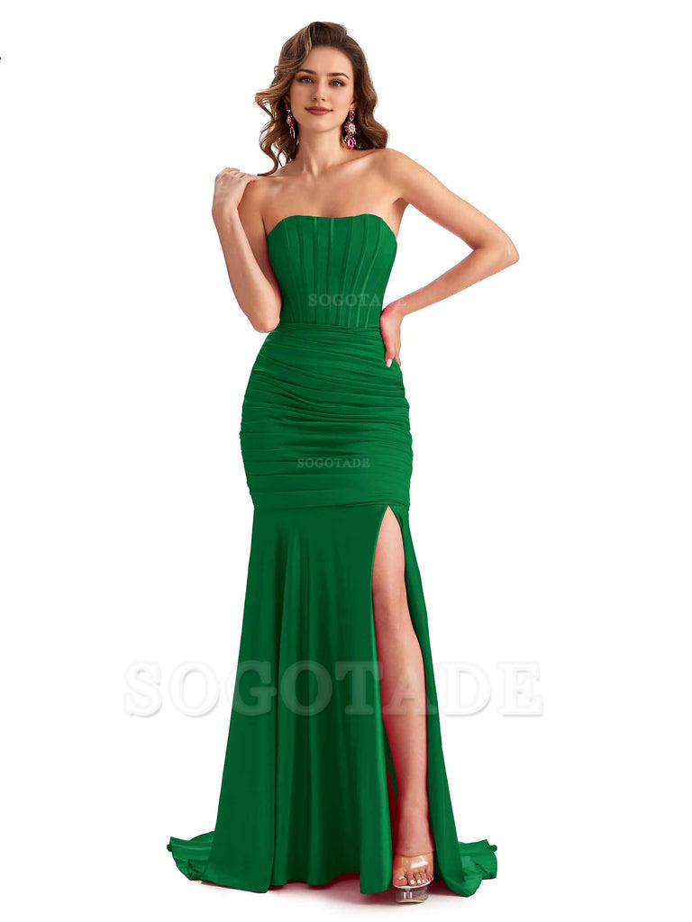 Sexy Strapless Side Slit Mermaid Silky Satin Formal Bridesmaid Dresses