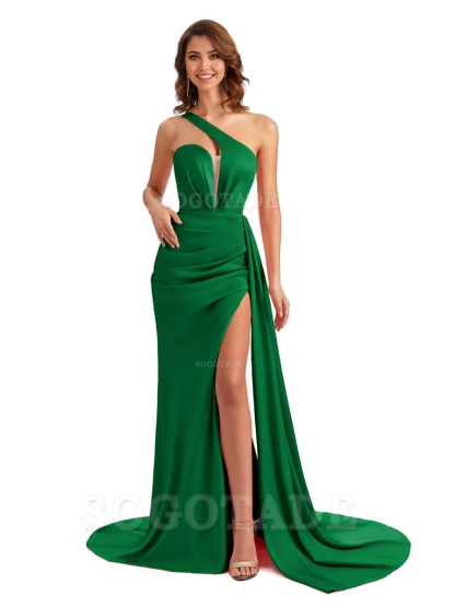 Mermaid One Shoulder Satin formal dresses evening gown Bridesmaid Dresses With Side Slit