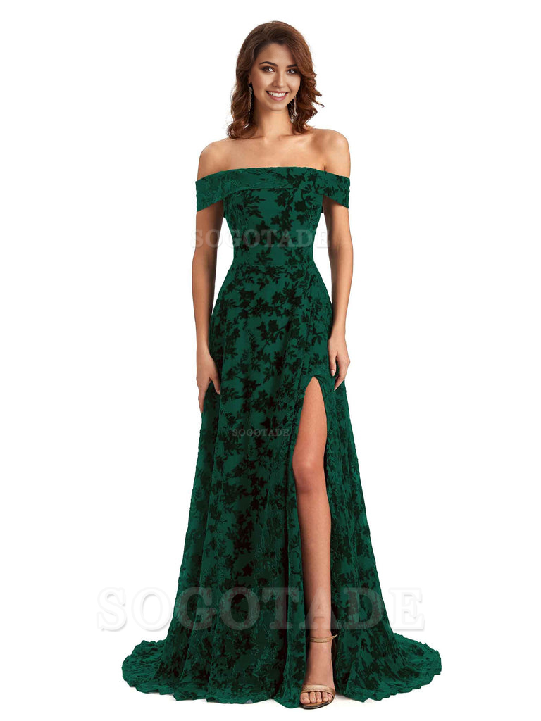 A-Line Off Shoulder Lace Velvet formal dresses evening gown Bridesmaid Dresses With Side Slit