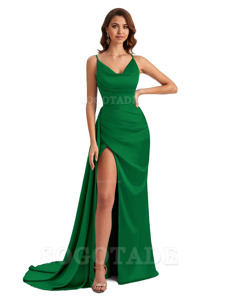 Mermaid Cowl Spaghetti Satin formal dresses evening gown Bridesmaid Dresses With Side Slit