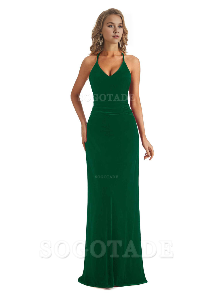 Elegant V-Neck Halter Backless Mermaid Velvet Long Wedding Party Dresses Bridesmaid Dresses Formal Women's Dresses Wedding Guests Dresses