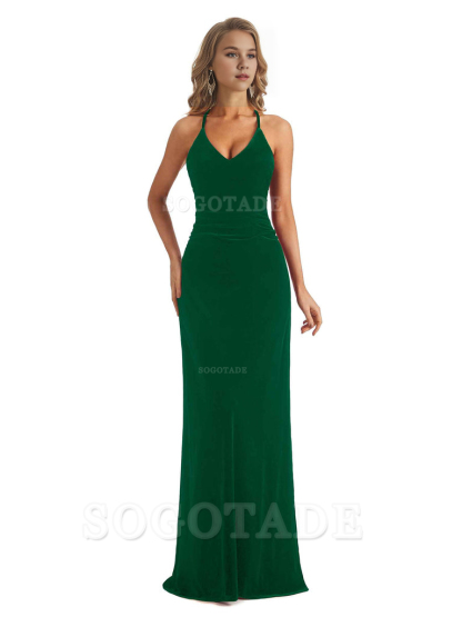 Elegant V-Neck Halter Backless Mermaid Velvet Long Wedding Party Dresses Bridesmaid Dresses Formal Women's Dresses Wedding Guests Dresses