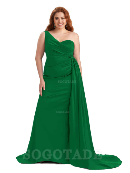 Sexy One Shoulder Sleeveless Mermaid Soft Satin Long Plus Size With Train Bridesmaid Gowns