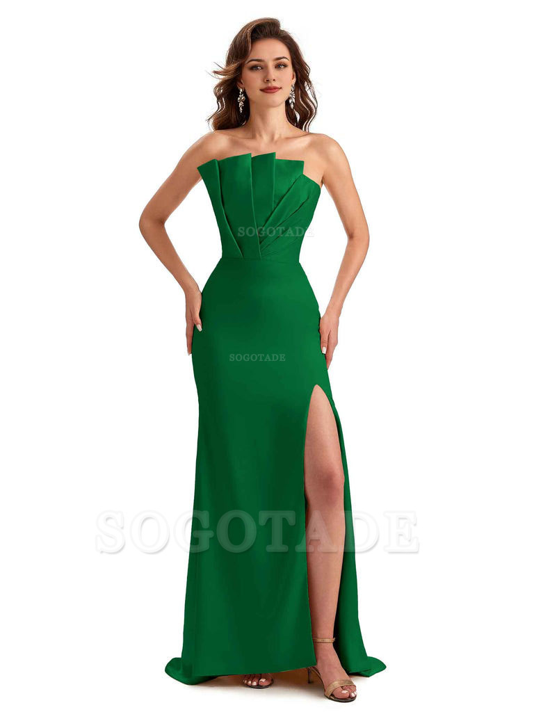 Unique Soft Satin Side Slit Asymmetrical Neckline Mermaid Long Bridesmaid Dresses