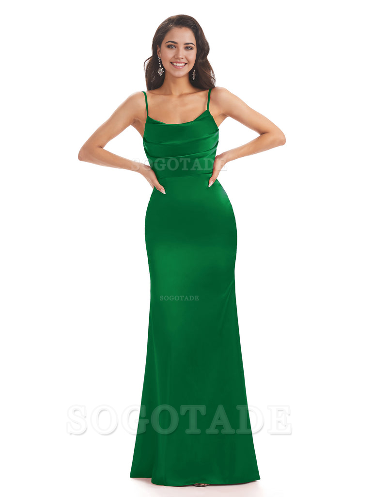 Mermaid Spaghetti Straps Satin formal dresses evening gown Bridesmaid Dresses With Side Slit 