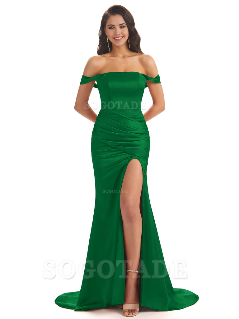 Mermaid Off Shoulder Floor-Length Satin formal dresses evening gown Bridesmaid Dresses With Side Slit 