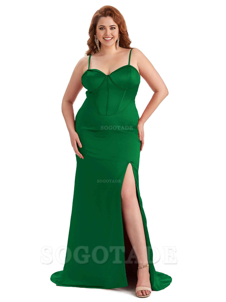Sexy Spaghetti Straps Side Slit Sleeveless Mermaid Soft Satin Long Bridesmaid Dress Plus Size Dress To Wear to a Wedding