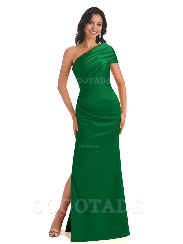 Mermaid One Shoulder Satin Long formal dresses evening gown Bridesmaid Dresses With Side Slit 