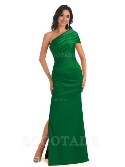 Mermaid One Shoulder Satin Long formal dresses evening gown Bridesmaid Dresses With Side Slit 