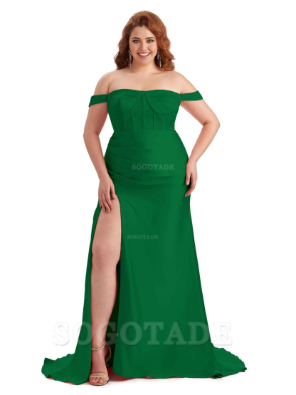 Elegant Off The Shoulder Side Slit Mermaid Soft Satin Floor Length Long Plus Size Bridesmaid Gowns