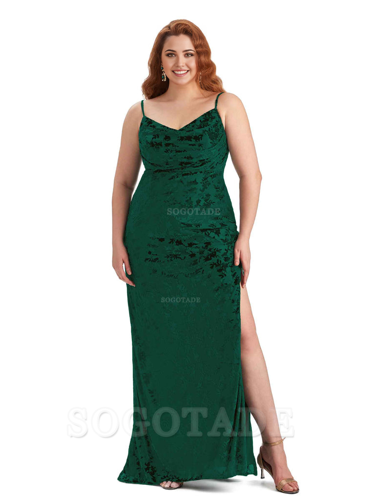 Sexy Side Slit Spaghetti Straps Mermaid Floral Velvet Long Plus Size Bridesmaid Dresses For Wedding