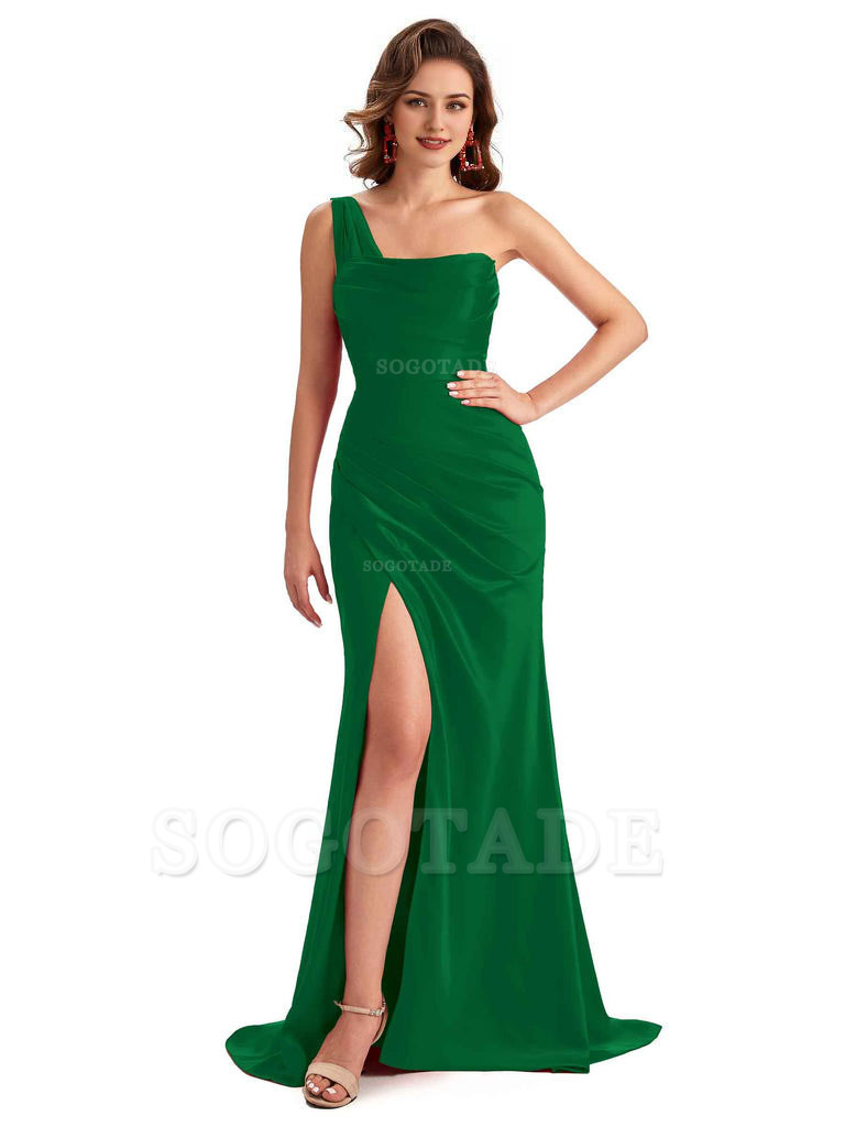 Sexy One Shoulder Side Slit Silky Satin Chic Long Mermaid Trumpet Bridesmaid Dress