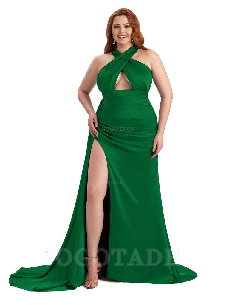 Sexy Halter Side Hight Slit Sleeveless Mermaid Soft Satin Long Plus Size Bridesmaid Dress For Wedding