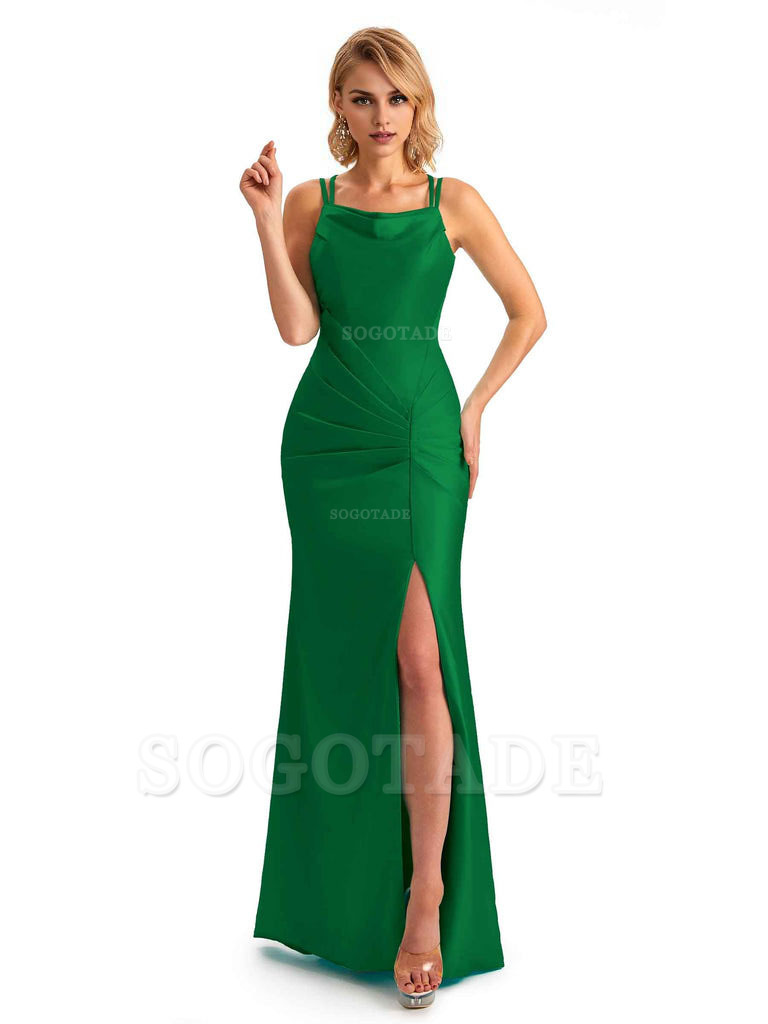 Soft Satin Spaghetti Straps Side Slit Long Unique Mermaid Beautiful Dresses For Wedding