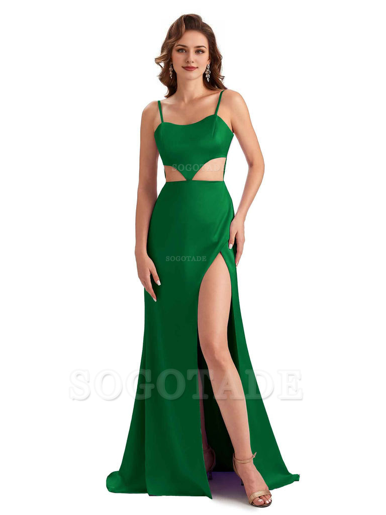 Sexy Satin Side Slit Spaghetti Straps Mermaid Long Unique Curve Wedding Guest Dresses