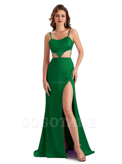 Sexy Satin Side Slit Spaghetti Straps Mermaid Long Unique Curve Wedding Guest Dresses