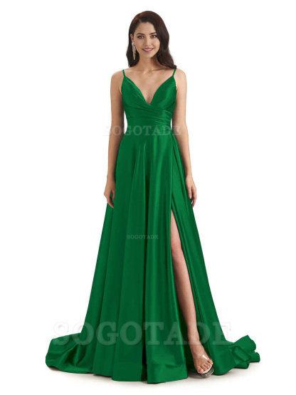 Spaghetti Straps Satin formal dresses evening gown Bridesmaid Dresses With Side Slit 