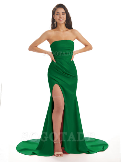 Mermaid Strapless Floor-Length Satin formal dresses evening gown Bridesmaid Dresses With Side Slit 