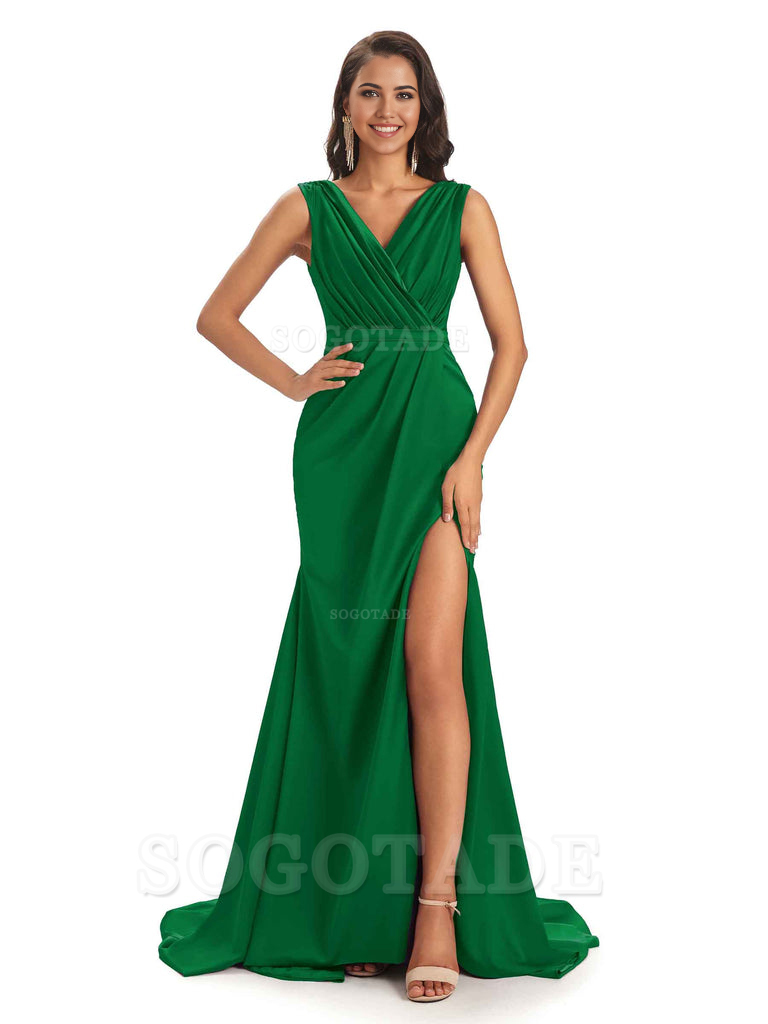 A-line V-neck Floor-Length Satin formal dresses evening gown Bridesmaid Dresses With Side Slit 