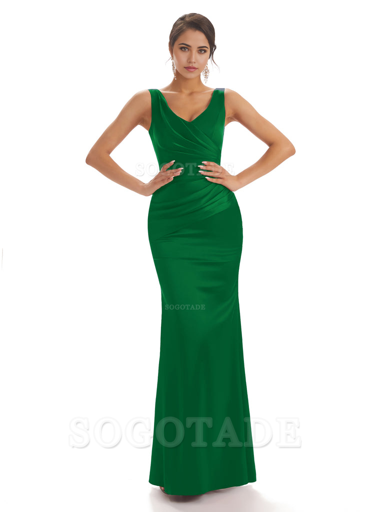 Sheath Sleeveless V-neck Floor-Length Satin formal dresses evening gown Bridesmaid Dresses With Pleats 