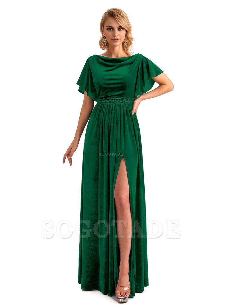 Elegant A-Line Jewel Bat Sleeves Velvet Side Slit Long Bridesmaid Dresses