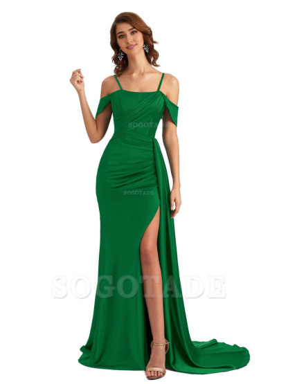 Sexy Side Slit Cold Shoulder Mermaid Satin Chic Long Wedding Guest Dresses