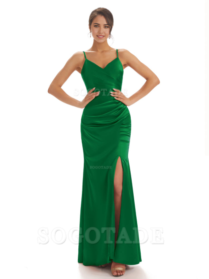 Spaghetti Straps Pleats Satin formal dresses evening gown Bridesmaid Dresses With Side Slit 