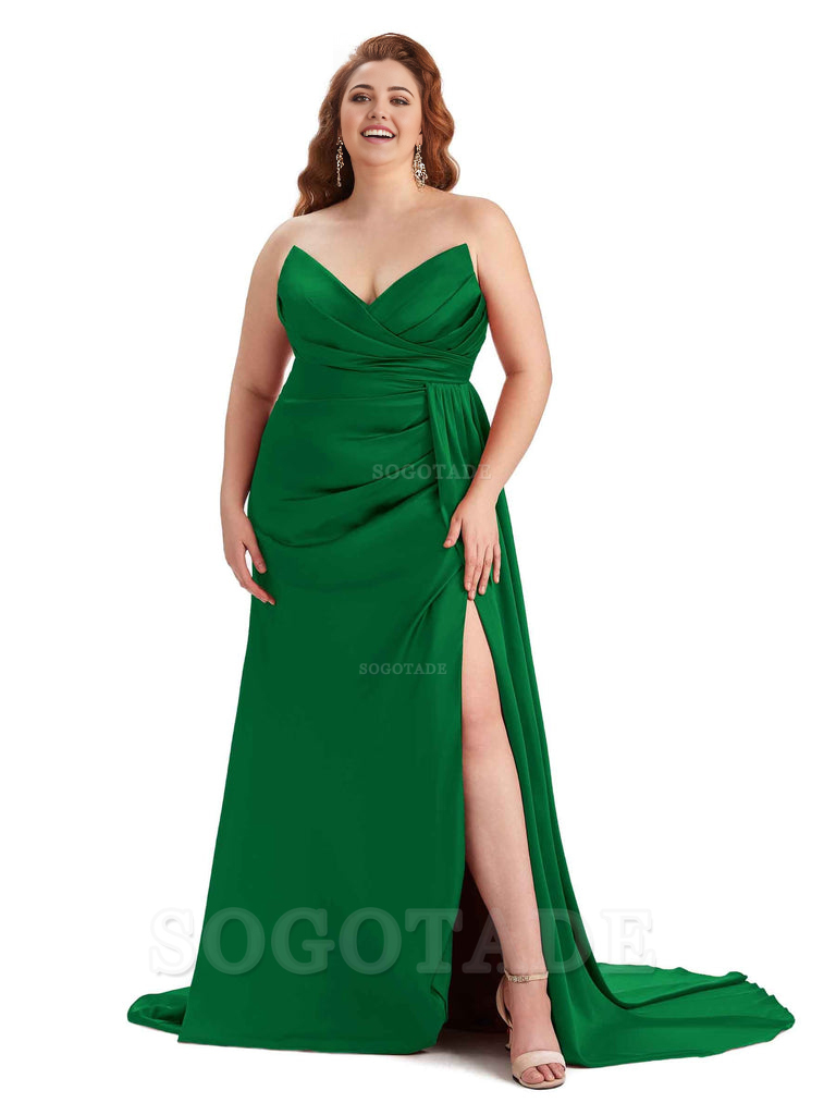 Sexy V-neck Side Slit Sleeveless Mermaid Soft Satin Long Plus Size Bridesmaid Gowns
