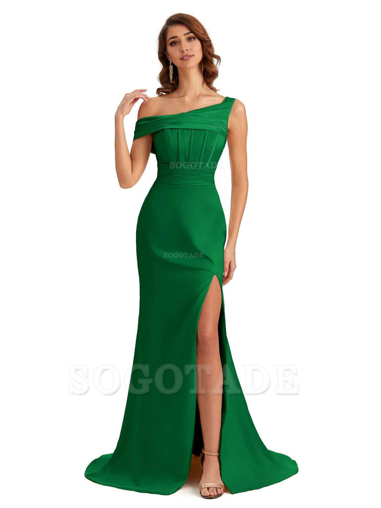 Elegant Asymmetrical Neck Soft Satin Side Slit Long Mermaid Bridesmaid Dresses