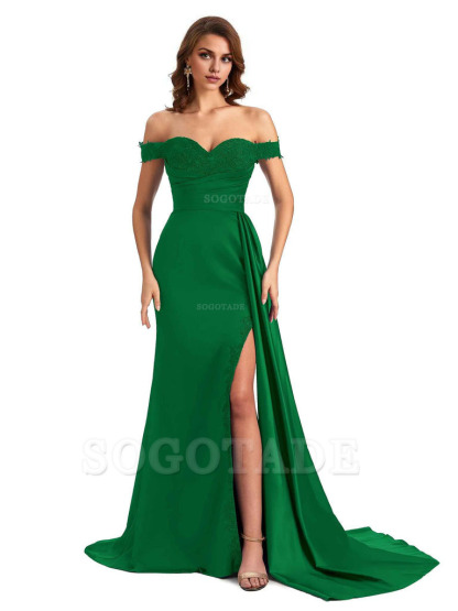 Sexy Off The Shoulder Mermaid Side Slit Silky Satin Long Bridesmaid Dress For Wedding